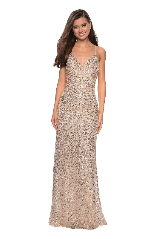 La Femme - Sequined V-Neck Open Back Gown 27234 - 1 pc Light Gold In Size 0 Available Shiny Sequin Dress