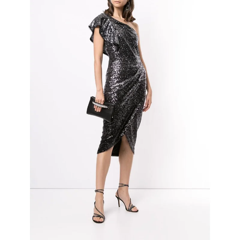 One Shoulder Sequin Wrap Tea-Length Dress Sequin Dress Trendy